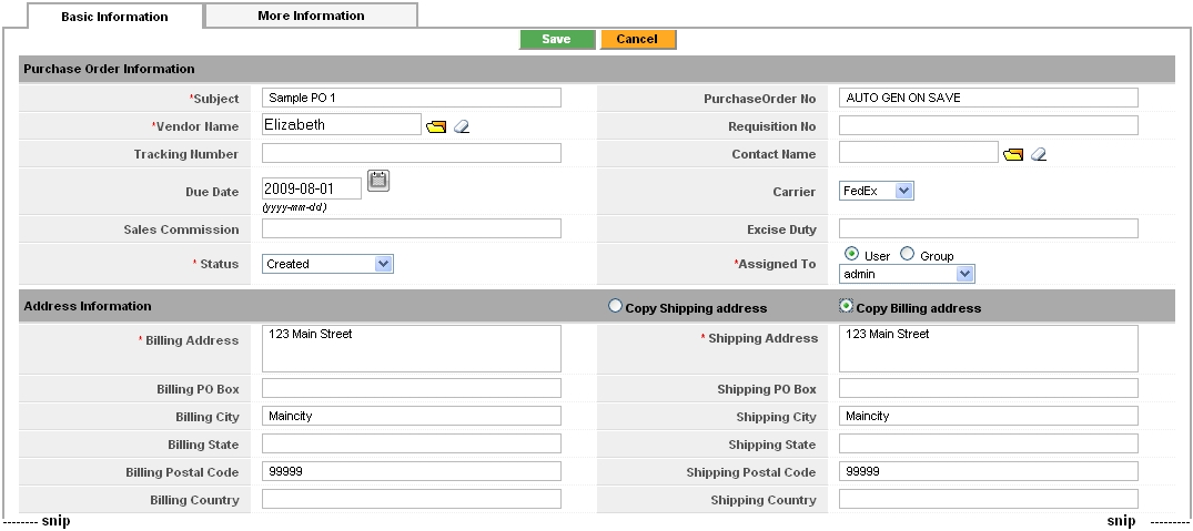 Purchase Order - Create View for purchase order and address information