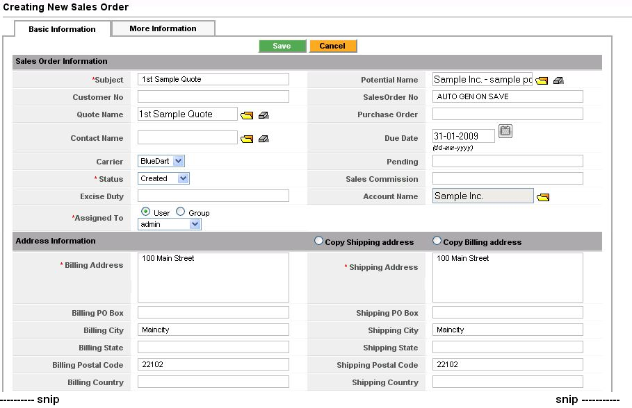 Sales Order - Edit View for sales order and address information