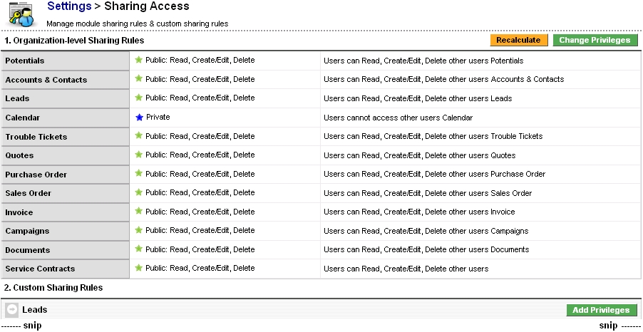 Global Access Privileges - List View