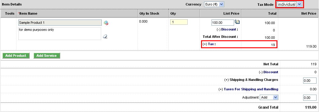 Product Details with Individual Tax Mode