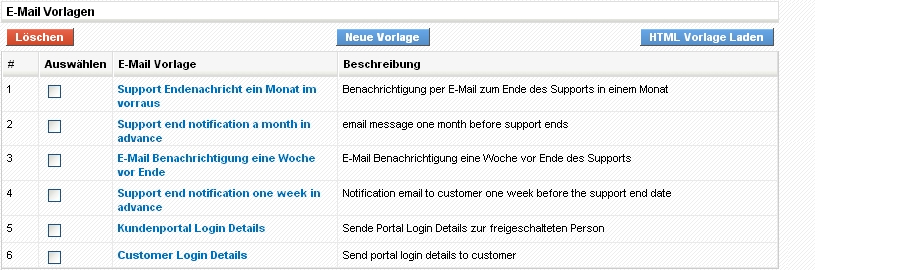 E-Mail Vorlagen - Listenansicht