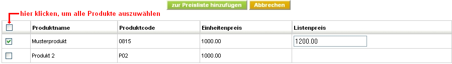 Preisliste - Produktauswahlliste