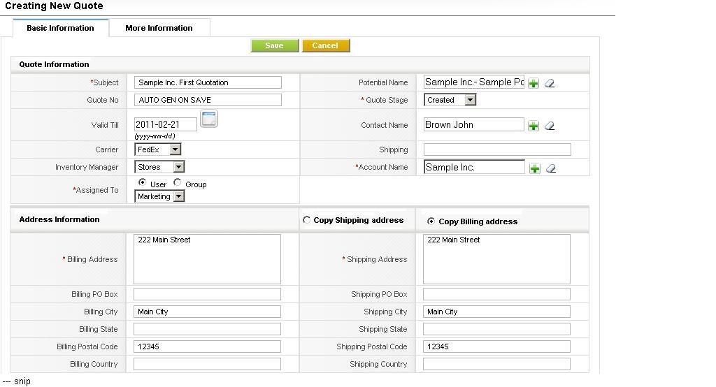 Quote - Edit View for quote and address information