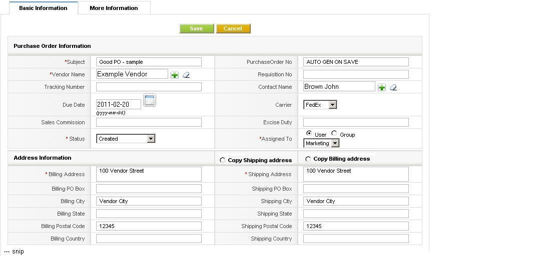 Purchase Order - Create View for purchase order and address information