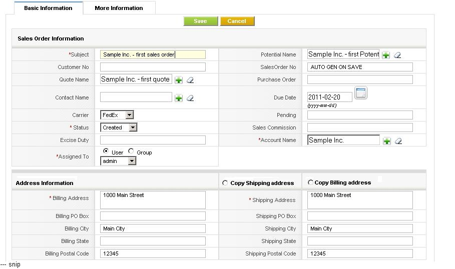 Sales Order - Edit View for sales order and address information