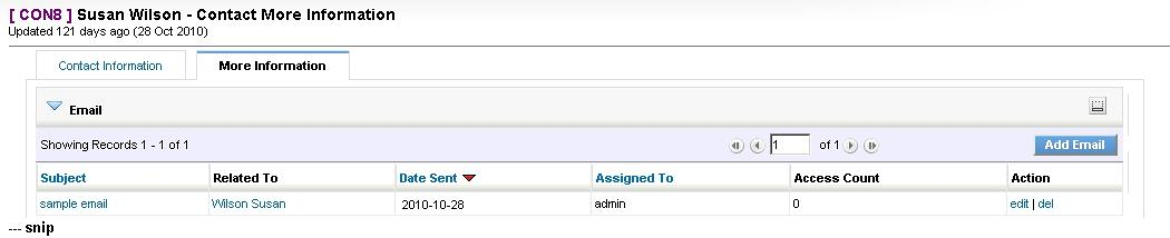 Email listing at Contact Detail View